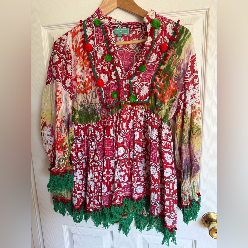 Colorful Bohemian Blouse with Pom-Poms